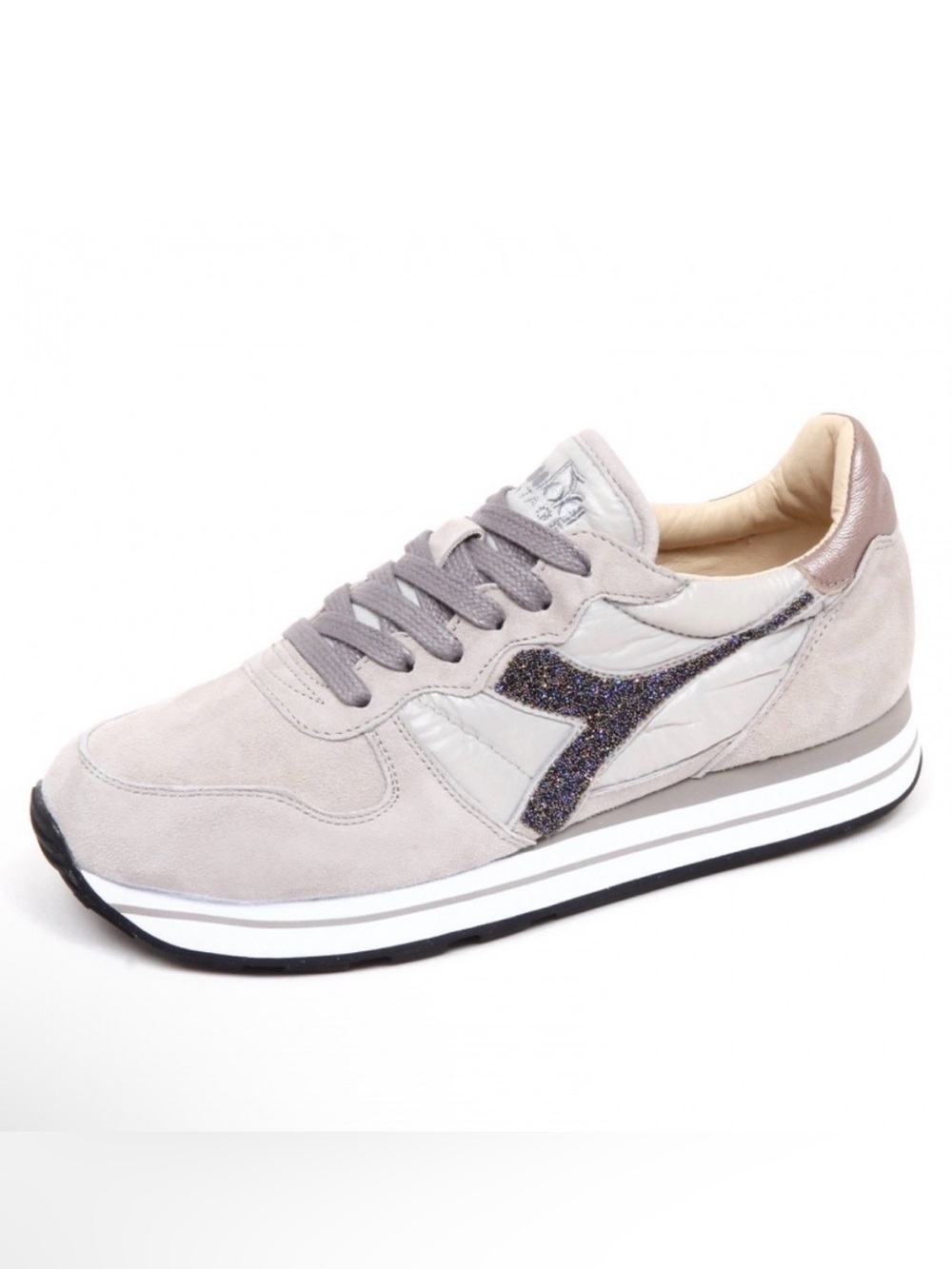 Diadora Women's Light Gray Suede Sneaker with Glitter Logo
